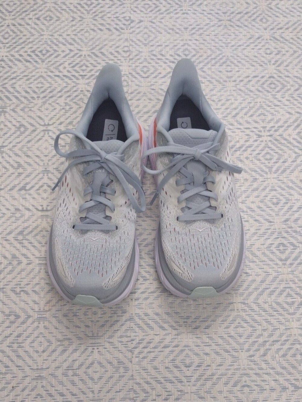 Hoka One One Clifton 8 Light Gray and Coral Athletic Shoe . - Picture 3 of 16